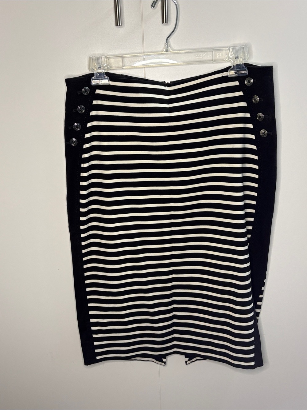 Classic Black & White Striped Pencil Skirt w Sailor Buttons 10